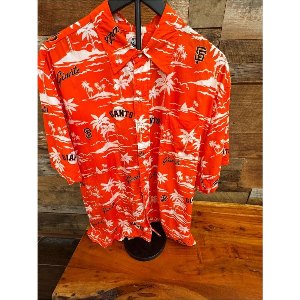 Reyn Spooner SF Giants Hawaiian Shirt Orange Palm Trees 100% Spun Rayon Size L